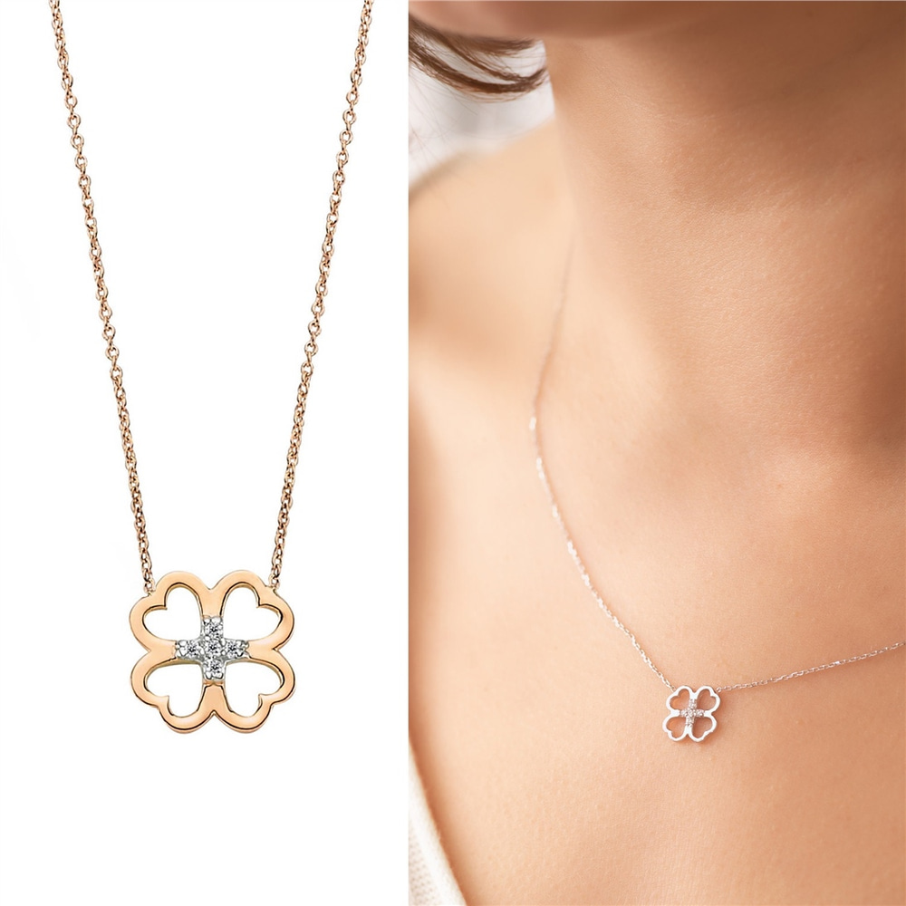 Goldstore-14K Solid Gold Diamond Clover Dainty Necklace, 4 Leaf Clover Pave Diamond Necklace, Heart Leaves Clover Necklace is a Great Gift For Her