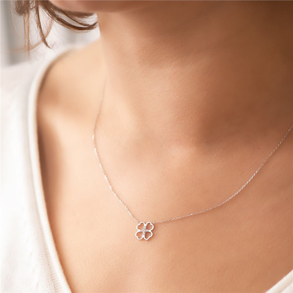 Goldstore-14K Solid Gold Diamond Clover Dainty Necklace, 4 Leaf Clover Pave Diamond Necklace, Heart Leaves Clover Necklace is a Great Gift For Her