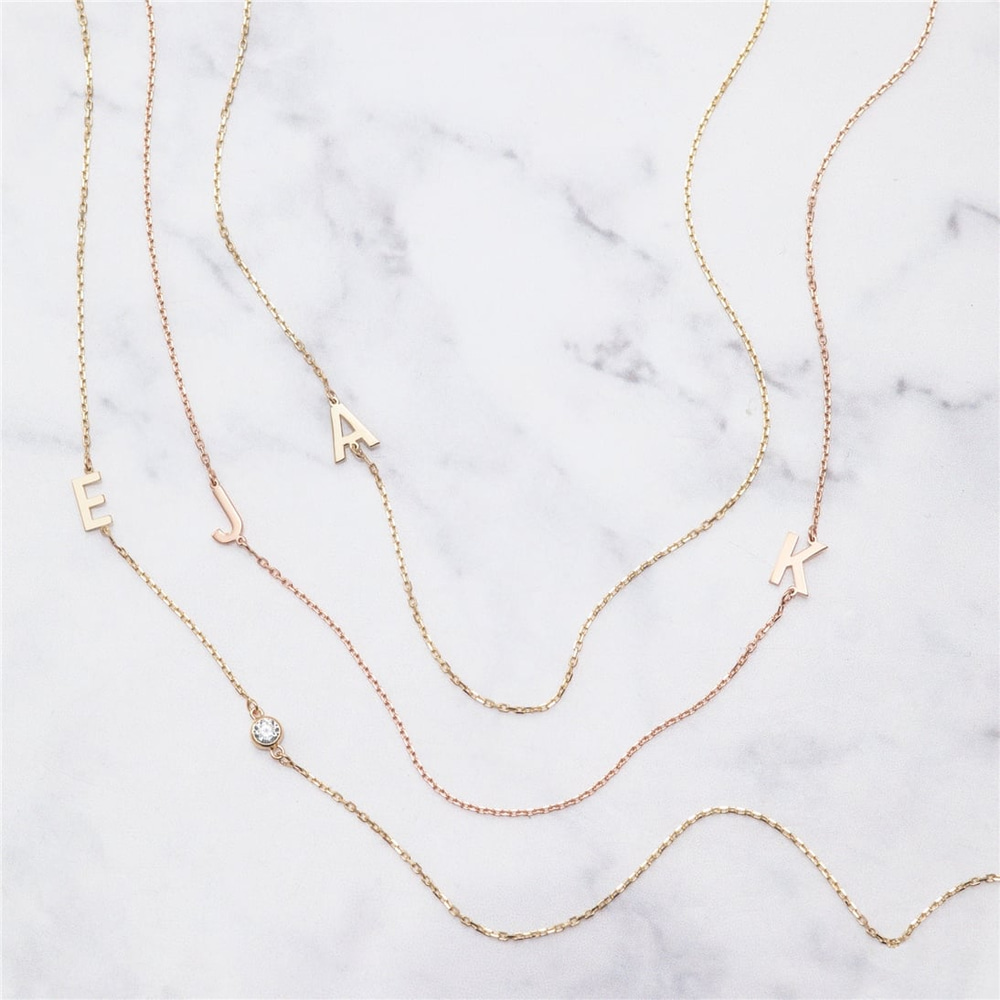 Goldstore-14k Solid Gold Diamond Initial Sideways Necklace, Custom Initial Letter Sideways Diamond Necklace, Initial Necklace Personalize Gift for Her