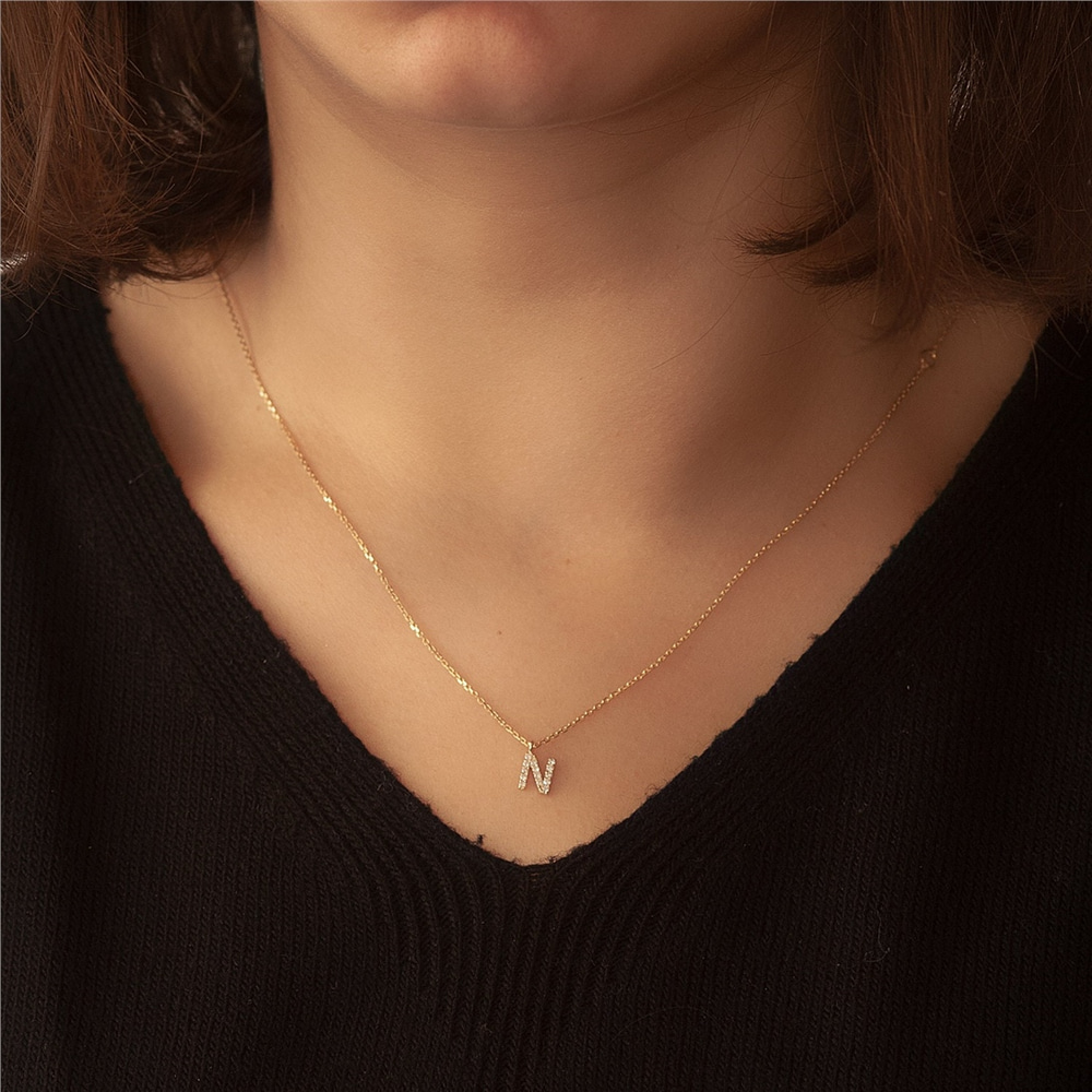 Goldstore-14k Solid Gold Diamond Initial Letter Necklace, Dainty Personalized Custom Initial Gold Necklace is a Great Gift For Her. Christmas Gift