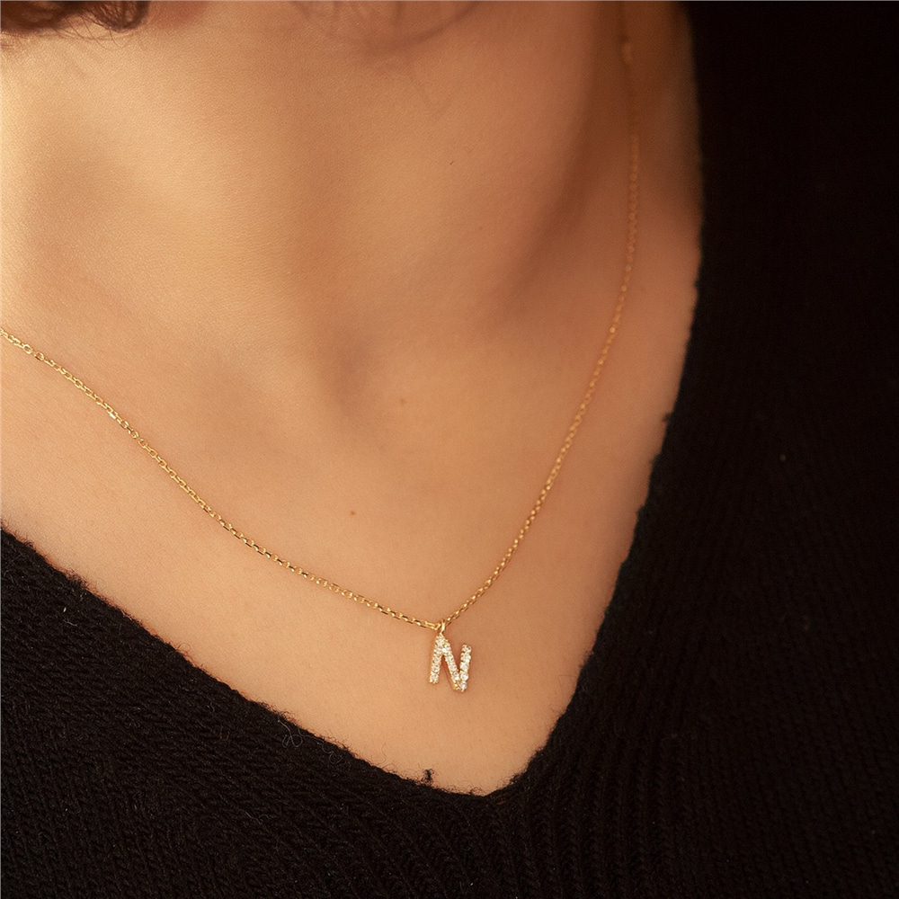 Goldstore-14k Solid Gold Diamond Initial Letter Necklace, Dainty Personalized Custom Initial Gold Necklace is a Great Gift For Her. Christmas Gift