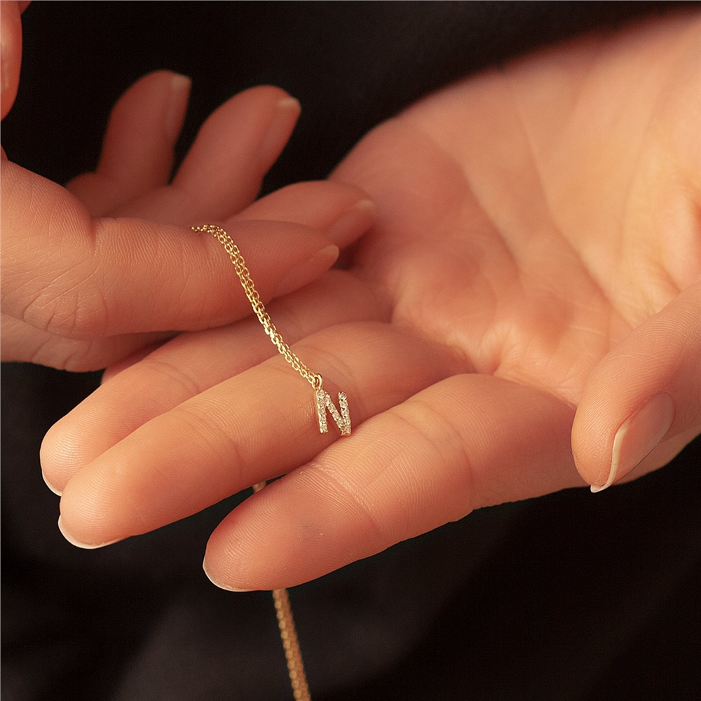 Goldstore-14k Solid Gold Diamond Initial Letter Necklace, Dainty Personalized Custom Initial Gold Necklace is a Great Gift For Her. Christmas Gift