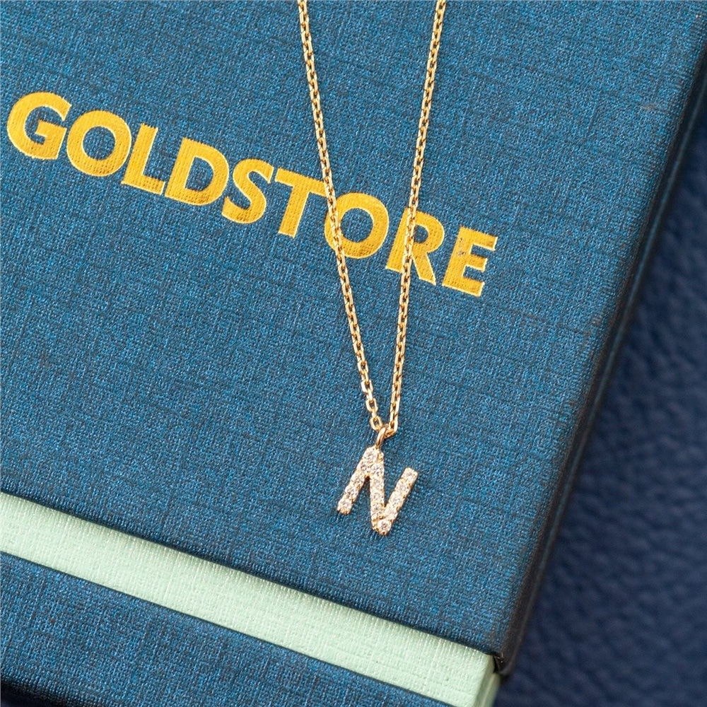 Goldstore-14k Solid Gold Diamond Initial Letter Necklace, Dainty Personalized Custom Initial Gold Necklace is a Great Gift For Her. Christmas Gift