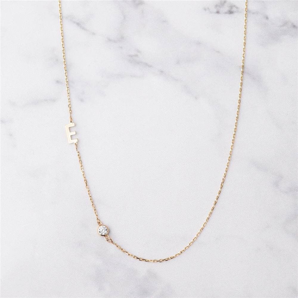 Goldstore-14k Solid Gold Diamond Initial Sideways Necklace, Custom Initial Letter Sideways Diamond Necklace, Initial Necklace Personalize Gift for Her