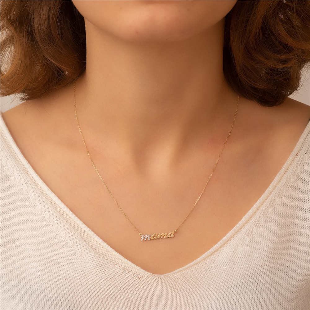 Goldstore-14K Solid Gold Diamond Mama Necklace, New mom Gift Mama Gold Necklace, Yellow White Rose Gold Dainty Mama Necklace is Best Mom Gift For Her