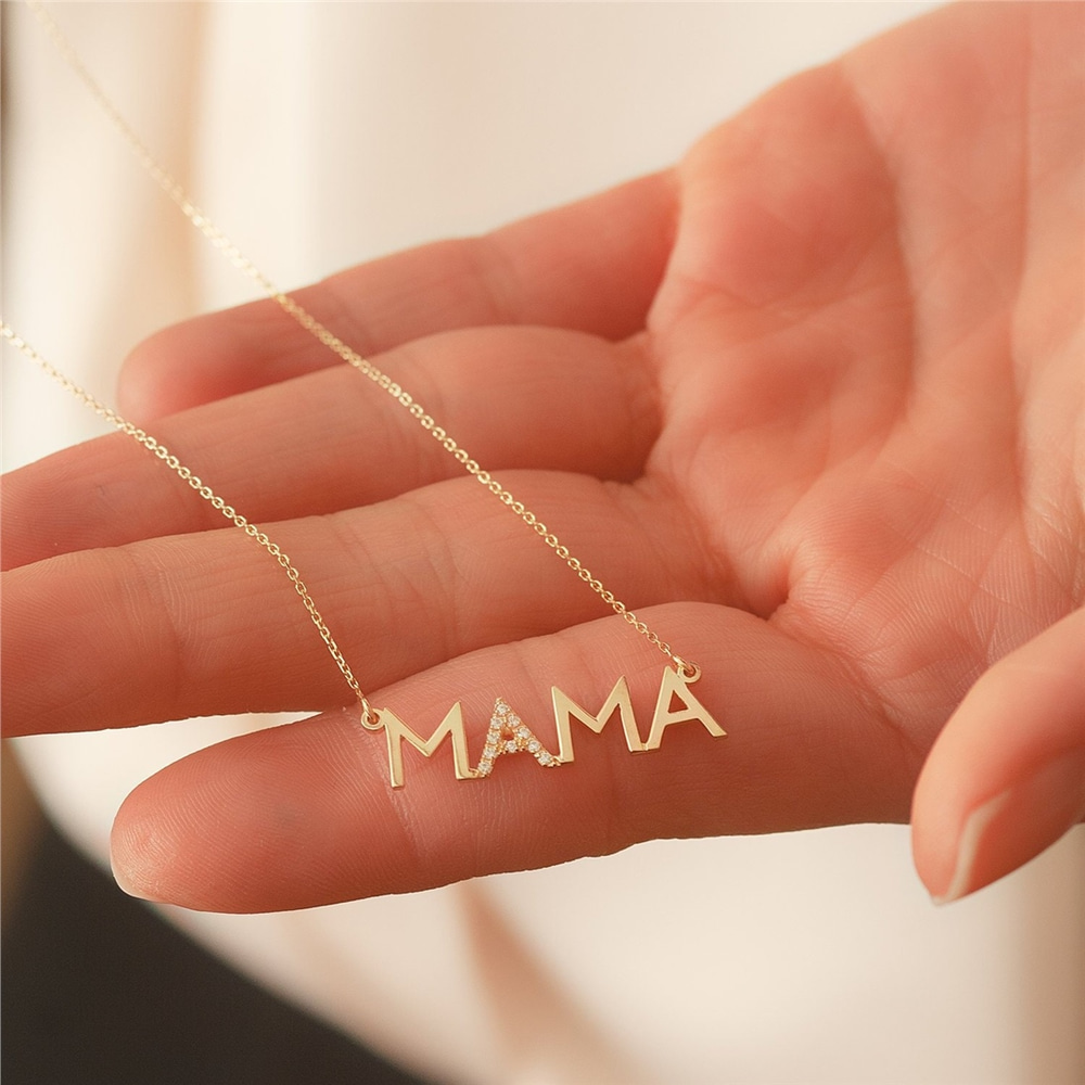 Goldstore-14K Solid Gold Diamond Mother Necklace, Cz Zircon Mama Necklace, Dainty Delicate Plain Gold Mama Necklace Great Mother's day Gift for Mom