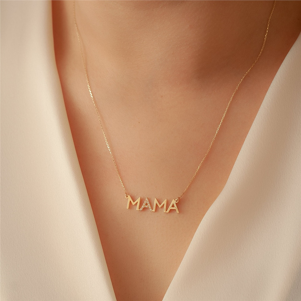 Goldstore-14K Solid Gold Diamond Mother Necklace, Cz Zircon Mama Necklace, Dainty Delicate Plain Gold Mama Necklace Great Mother's day Gift for Mom