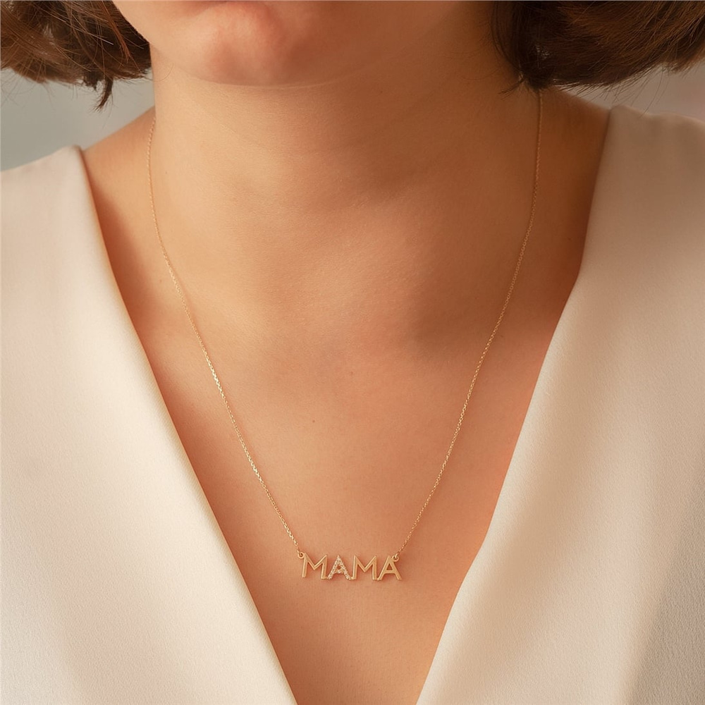 Goldstore-14K Solid Gold Diamond Mother Necklace, Cz Zircon Mama Necklace, Dainty Delicate Plain Gold Mama Necklace Great Mother's day Gift for Mom
