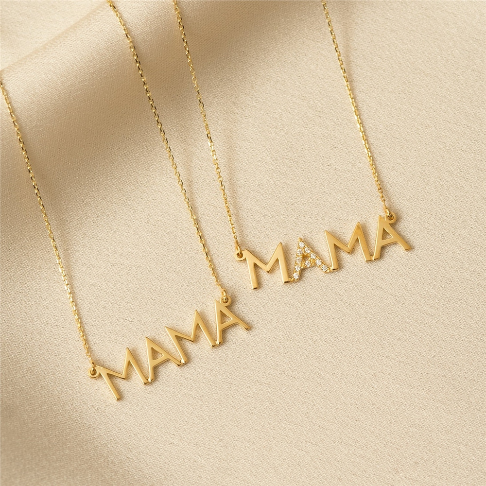 Goldstore-14K Solid Gold Diamond Mother Necklace, Cz Zircon Mama Necklace, Dainty Delicate Plain Gold Mama Necklace Great Mother's day Gift for Mom