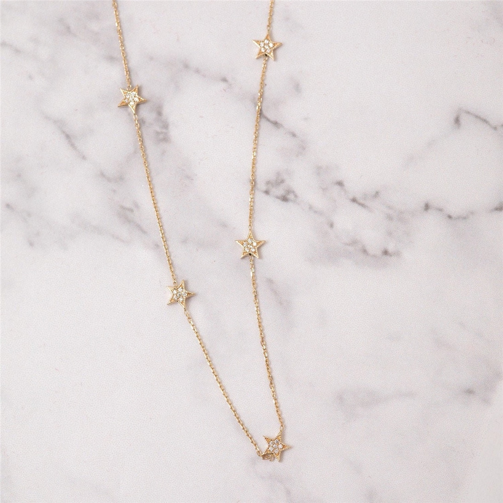 Goldstore-14k Solid Gold Diamond or Cz Star Necklace, 1 2 3 4 5 Celestial Dainty Stars Necklace, Station Gold Star Necklace