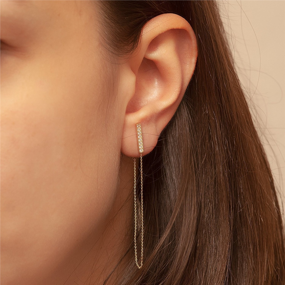 Goldstore-14K Solid Gold Diamond or CZ Bar Threader Chain Earring, Dainty Drop Chain Bar Earring is a Great Gift For Her. Gold Bar Long Chain Earrings