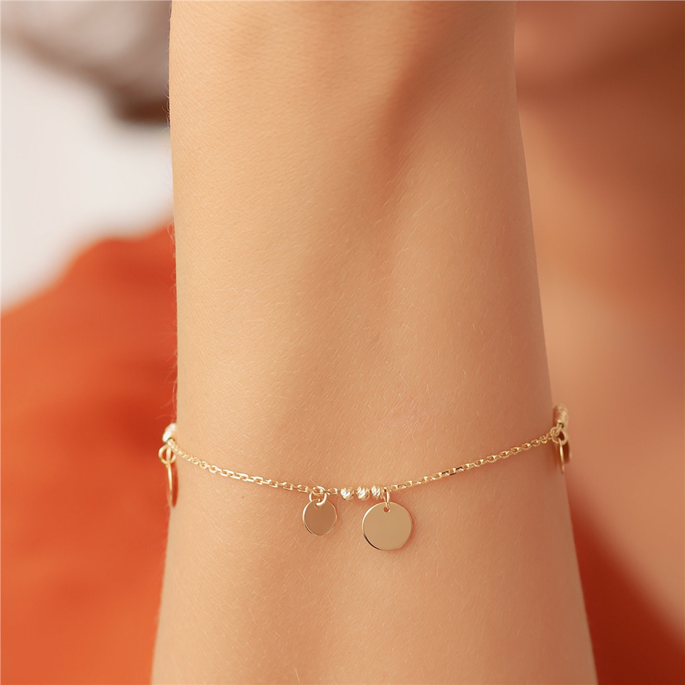 Goldstore-14k Solid Gold Disc Bracelet/Anklet, Custom Initial Engrave Gold Disc Coin Charm Bracelet, Real Gold Multiple Letter Disc Bracelet Gift For
