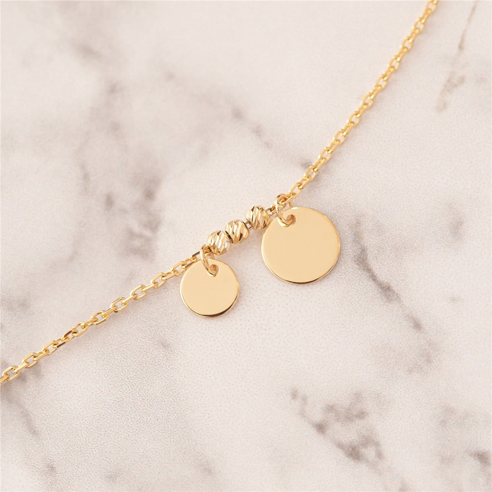 Goldstore-14k Solid Gold Disc Bracelet/Anklet, Custom Initial Engrave Gold Disc Coin Charm Bracelet, Real Gold Multiple Letter Disc Bracelet Gift For