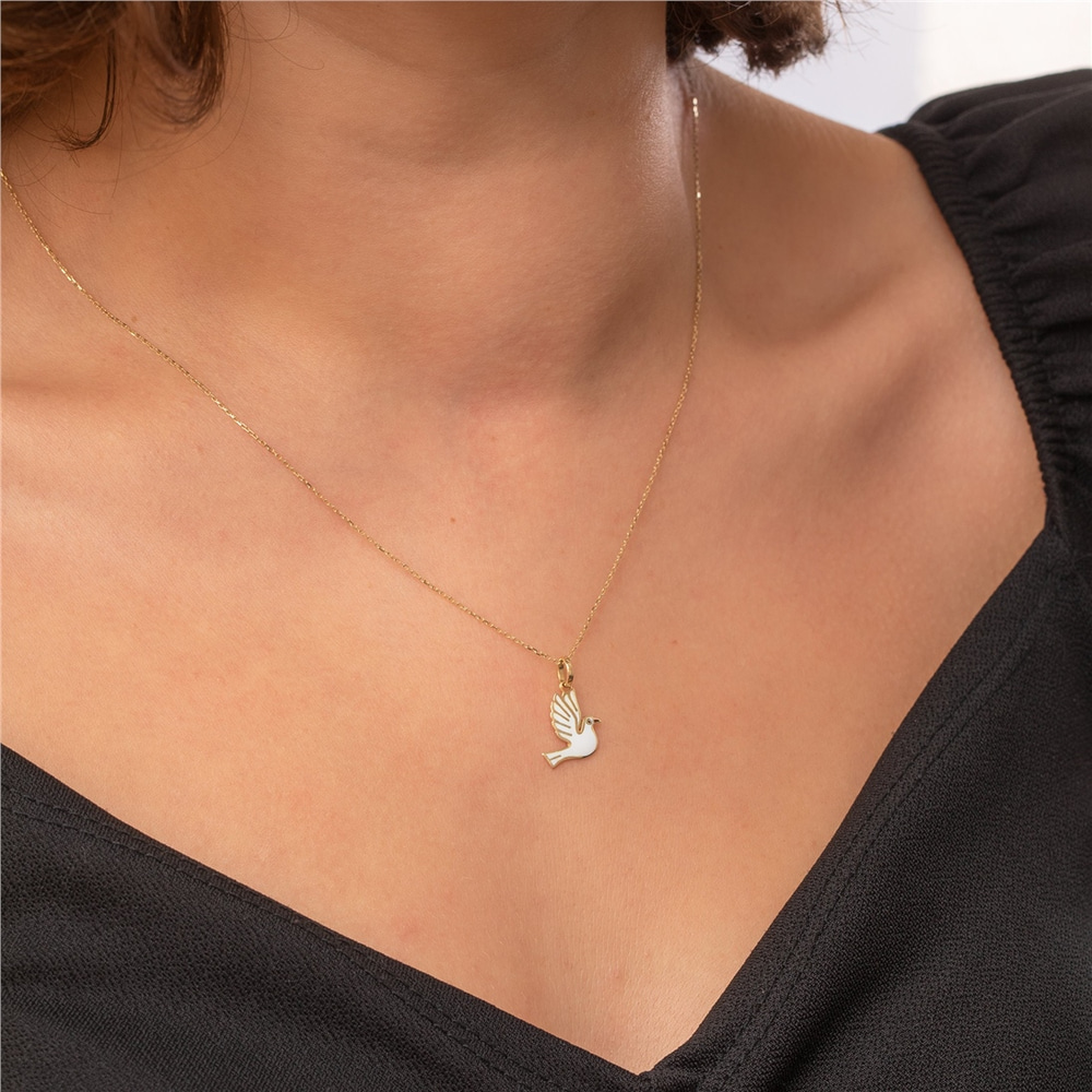Goldstore-14k Solid Gold Dove Necklace, Dainty White Dove Pendant, Tiny Bird Necklace, Animal Lover Necklace, Handmade Everyday Jewelry, Gift For Her