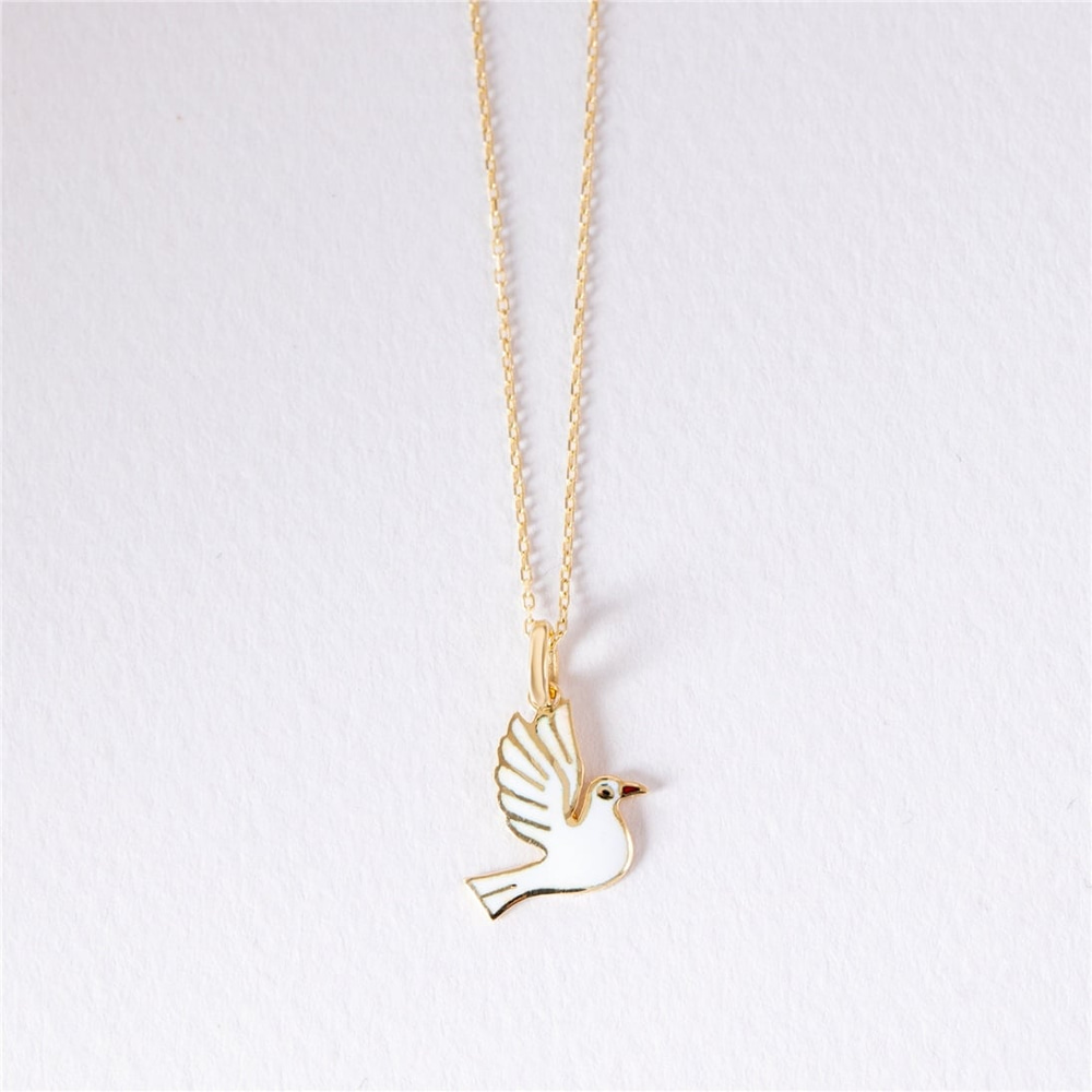 Goldstore-14k Solid Gold Dove Necklace, Dainty White Dove Pendant, Tiny Bird Necklace, Animal Lover Necklace, Handmade Everyday Jewelry, Gift For Her