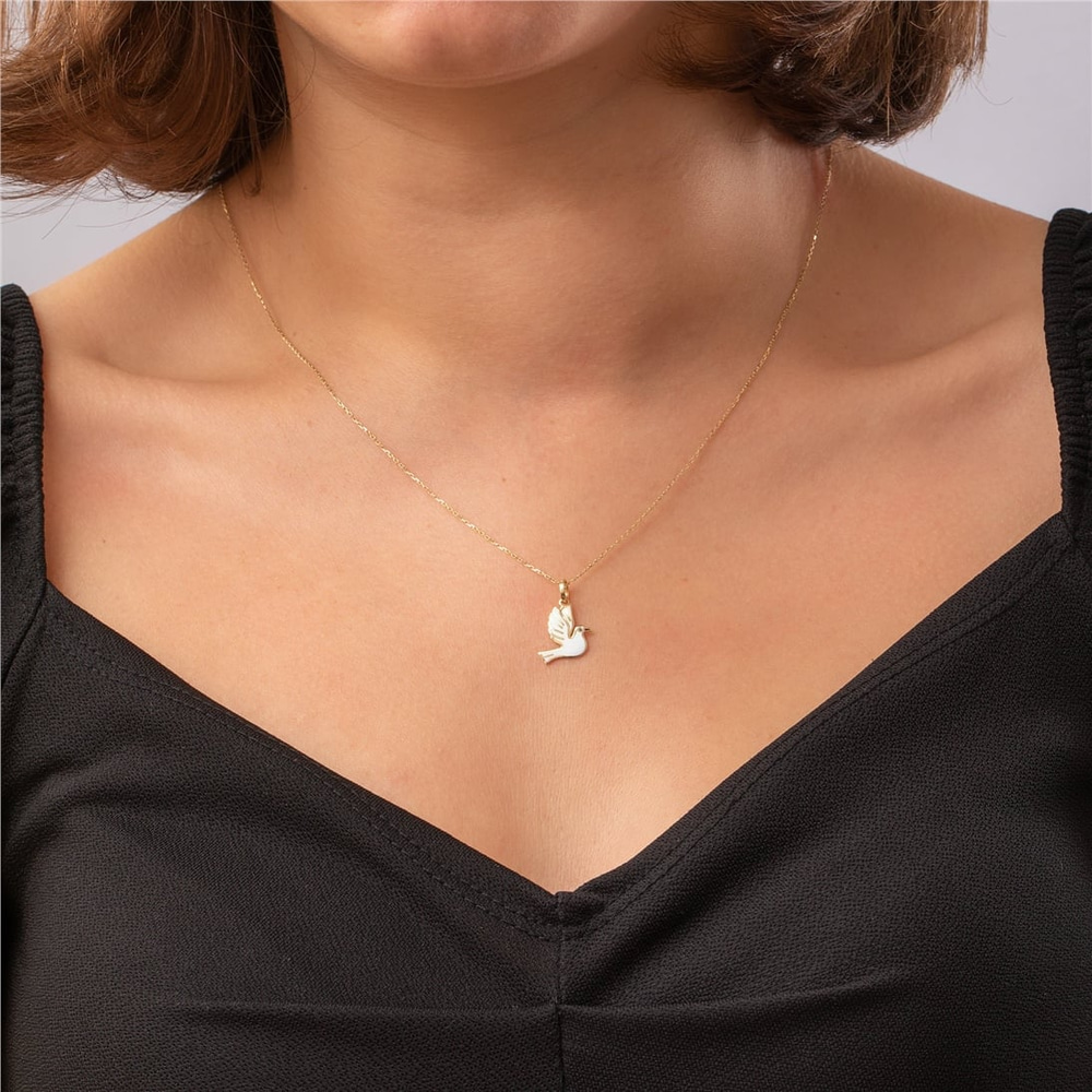 Goldstore-14k Solid Gold Dove Necklace, Dainty White Dove Pendant, Tiny Bird Necklace, Animal Lover Necklace, Handmade Everyday Jewelry, Gift For Her