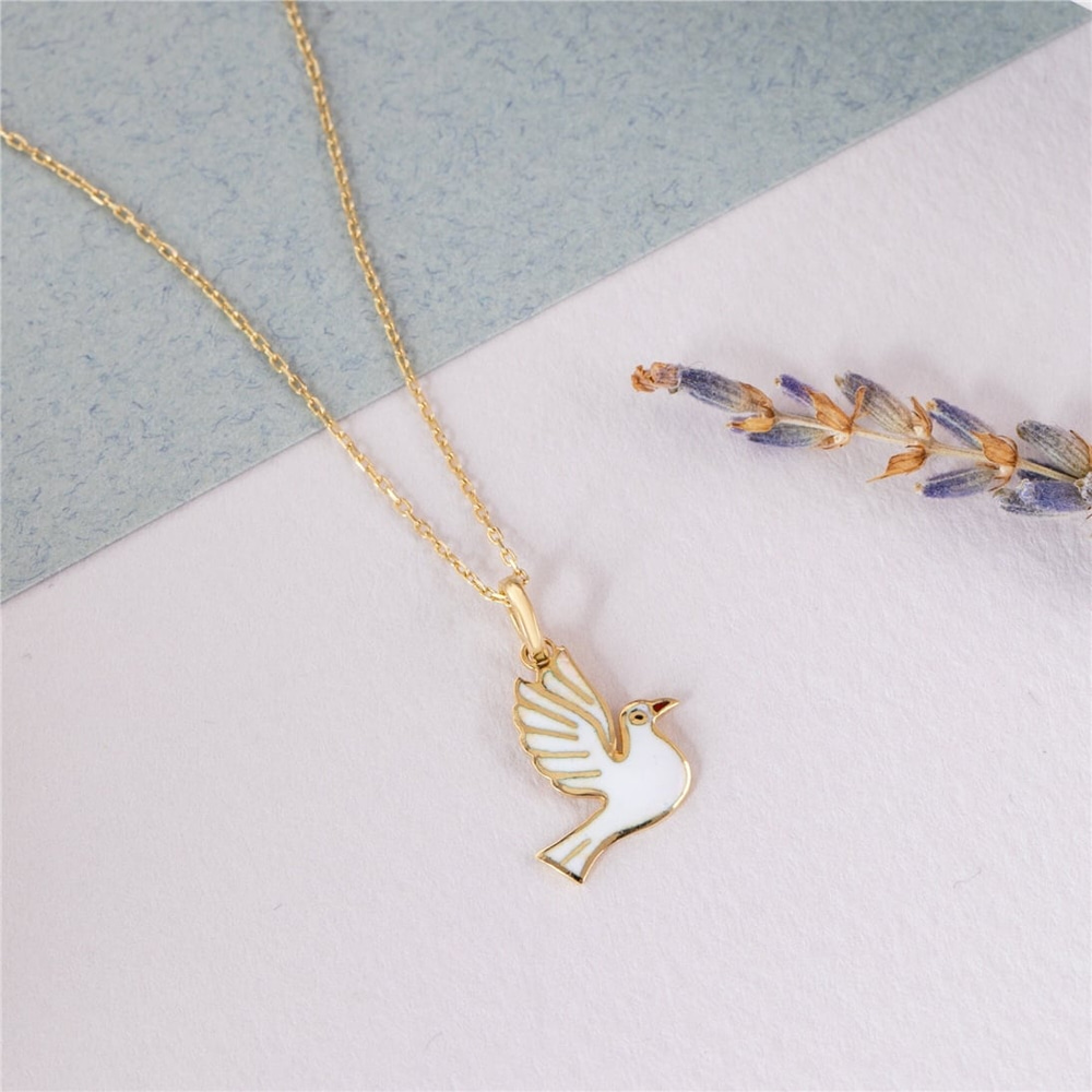Goldstore-14k Solid Gold Dove Necklace, Dainty White Dove Pendant, Tiny Bird Necklace, Animal Lover Necklace, Handmade Everyday Jewelry, Gift For Her