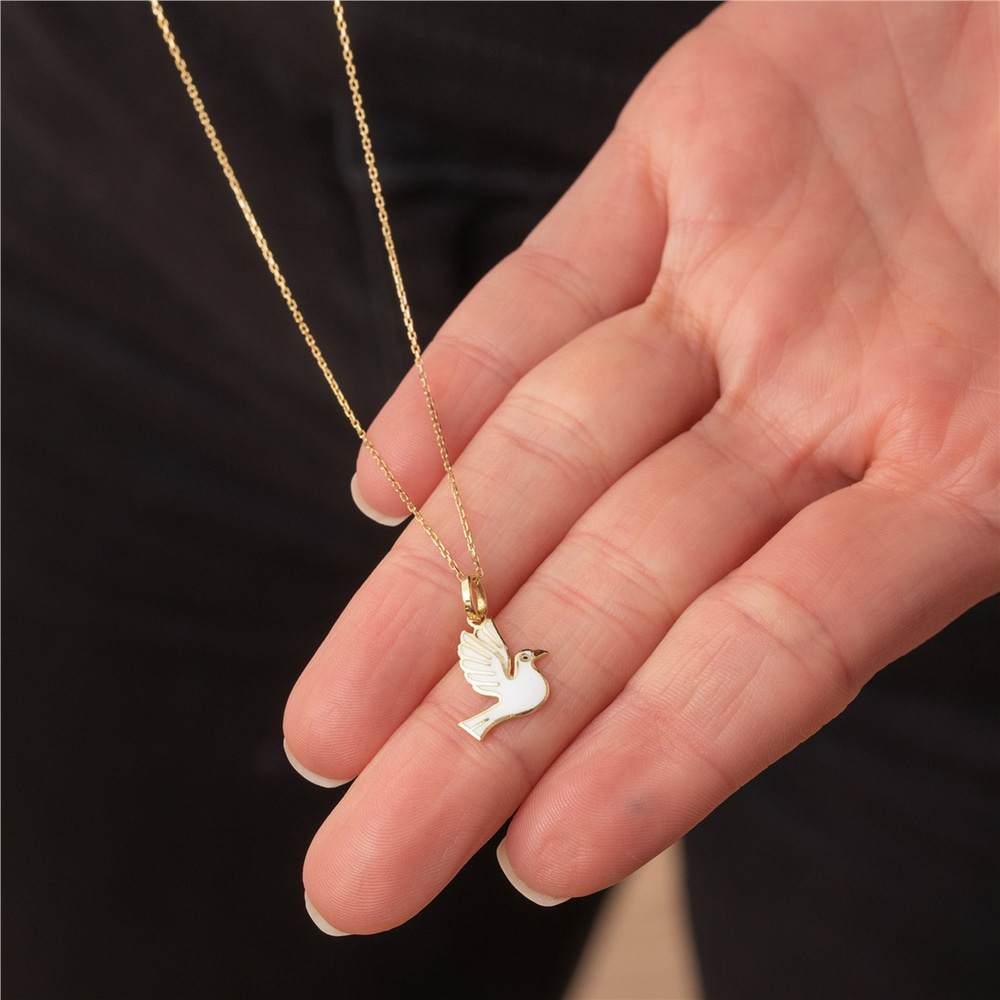Goldstore-14k Solid Gold Dove Necklace, Dainty White Dove Pendant, Tiny Bird Necklace, Animal Lover Necklace, Handmade Everyday Jewelry, Gift For Her