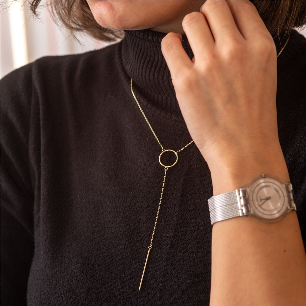 Goldstore-14k Solid Gold Drop Bar Lariat Necklace, Open Circle Lariat Gold Necklace, Vertical Long Lariat Necklace, Delicate Y Necklace Gift for Her