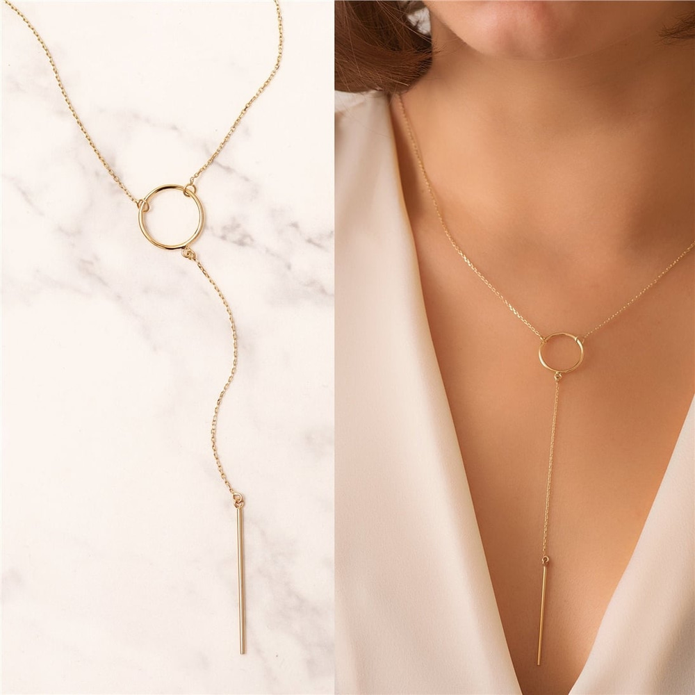 Goldstore-14k Solid Gold Drop Bar Lariat Necklace, Open Circle Lariat Gold Necklace, Vertical Long Lariat Necklace, Delicate Y Necklace Gift for Her