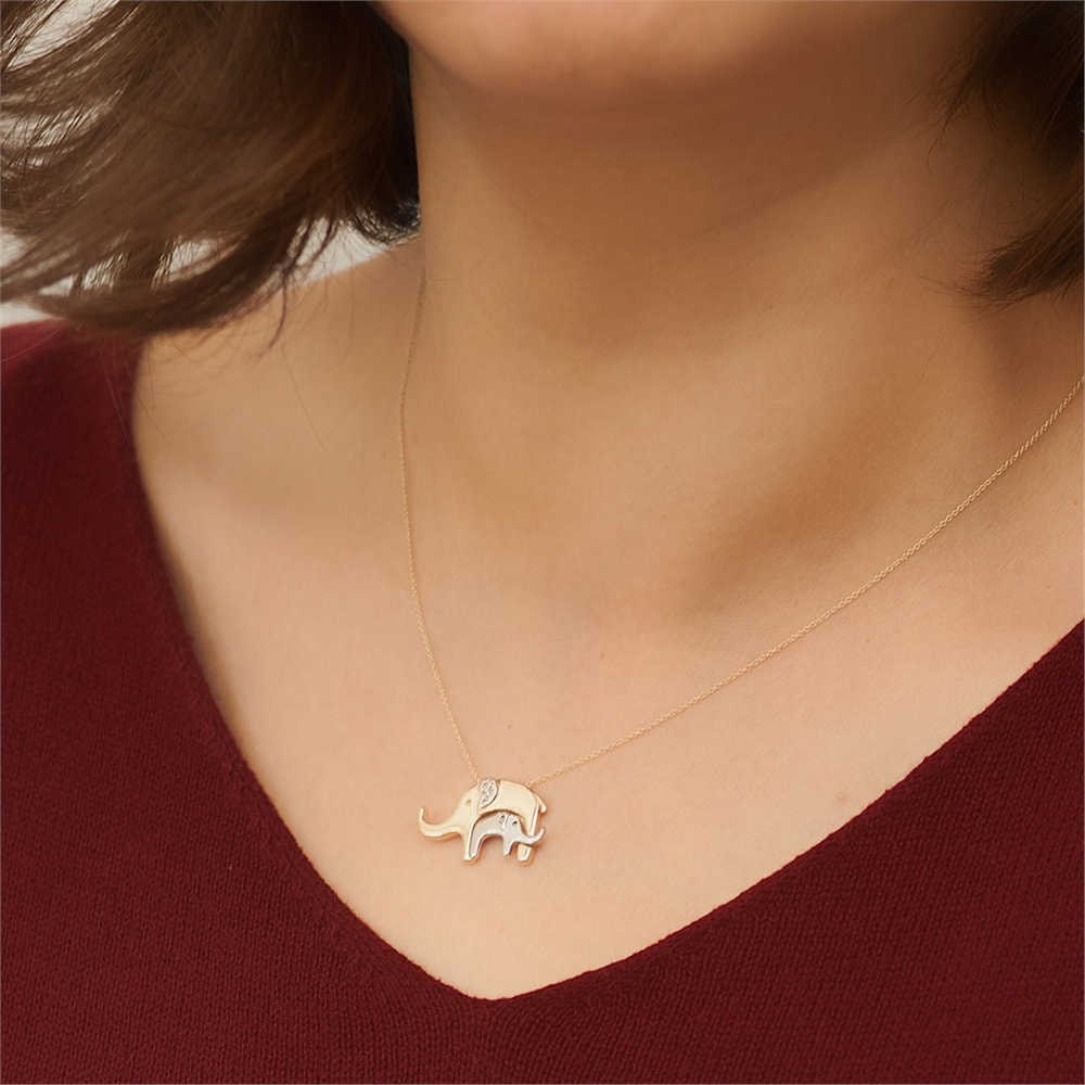 Goldstore-14k Solid Gold Elephant Necklace, Baby & Mother Elephant 14k Gold Necklace, Mom and Baby Elephant New Mommy Necklace is a Great Gift For Her