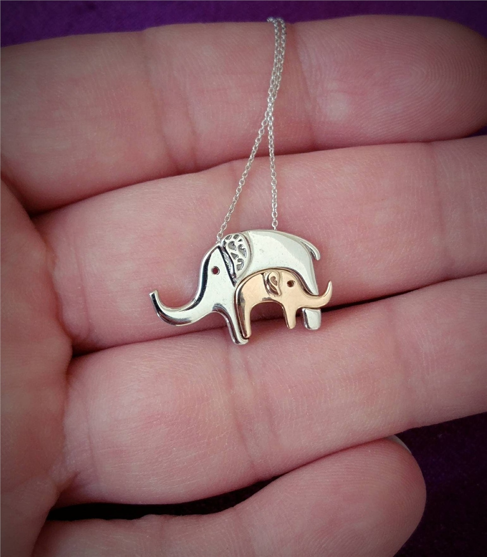Goldstore-14k Solid Gold Elephant Necklace, Baby & Mother Elephant 14k Gold Necklace, Mom and Baby Elephant New Mommy Necklace is a Great Gift For Her