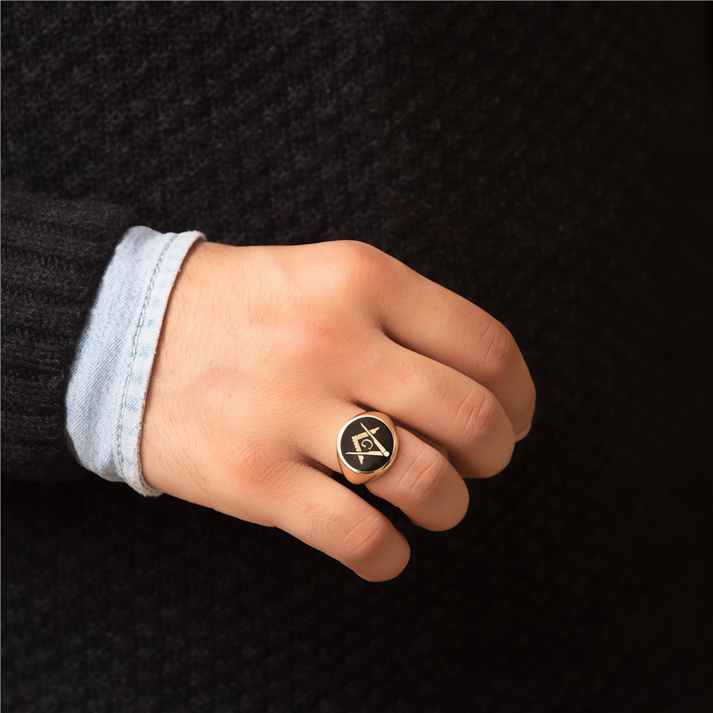 Goldstore-14k Solid Gold Enamel Masonic Ring, Elegant Compass and Square Masonic Gold Ring, Men's Masonic Lodge Real Gold Ring is a Great Gift for Him