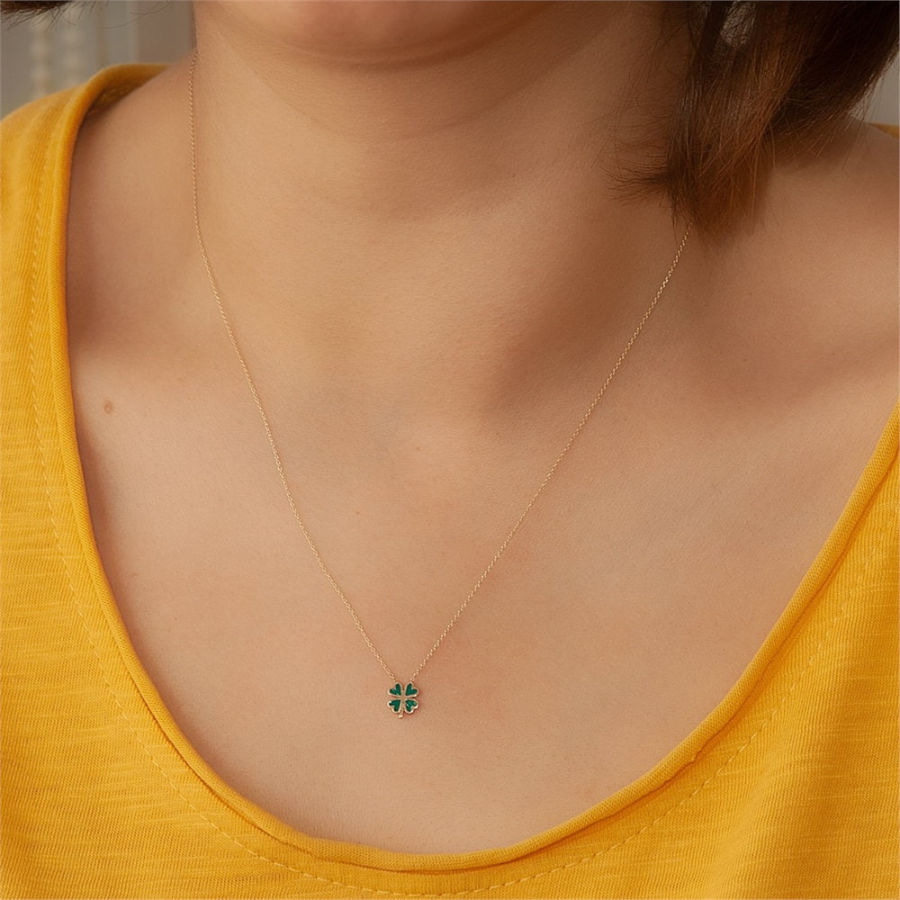 Goldstore-14K Solid Gold Enamel Minimal Clover Gold Necklace, Dainty Enamel Shamrock Gold 4 Leaf Clover Necklace is Gift For Her. Valentine’s gift.