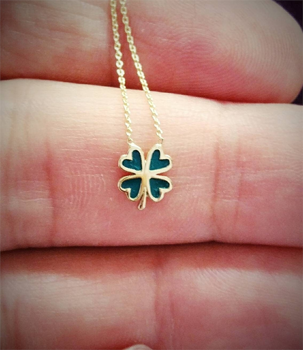 Goldstore-14K Solid Gold Enamel Minimal Clover Gold Necklace, Dainty Enamel Shamrock Gold 4 Leaf Clover Necklace is Gift For Her. Valentine’s gift.