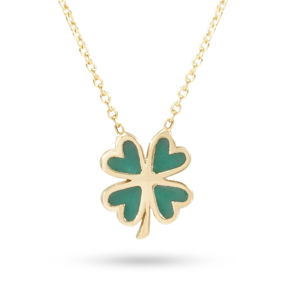 Goldstore-14K Solid Gold Enamel Minimal Clover Gold Necklace, Dainty Enamel Shamrock Gold 4 Leaf Clover Necklace is Gift For Her. Valentine’s gift.