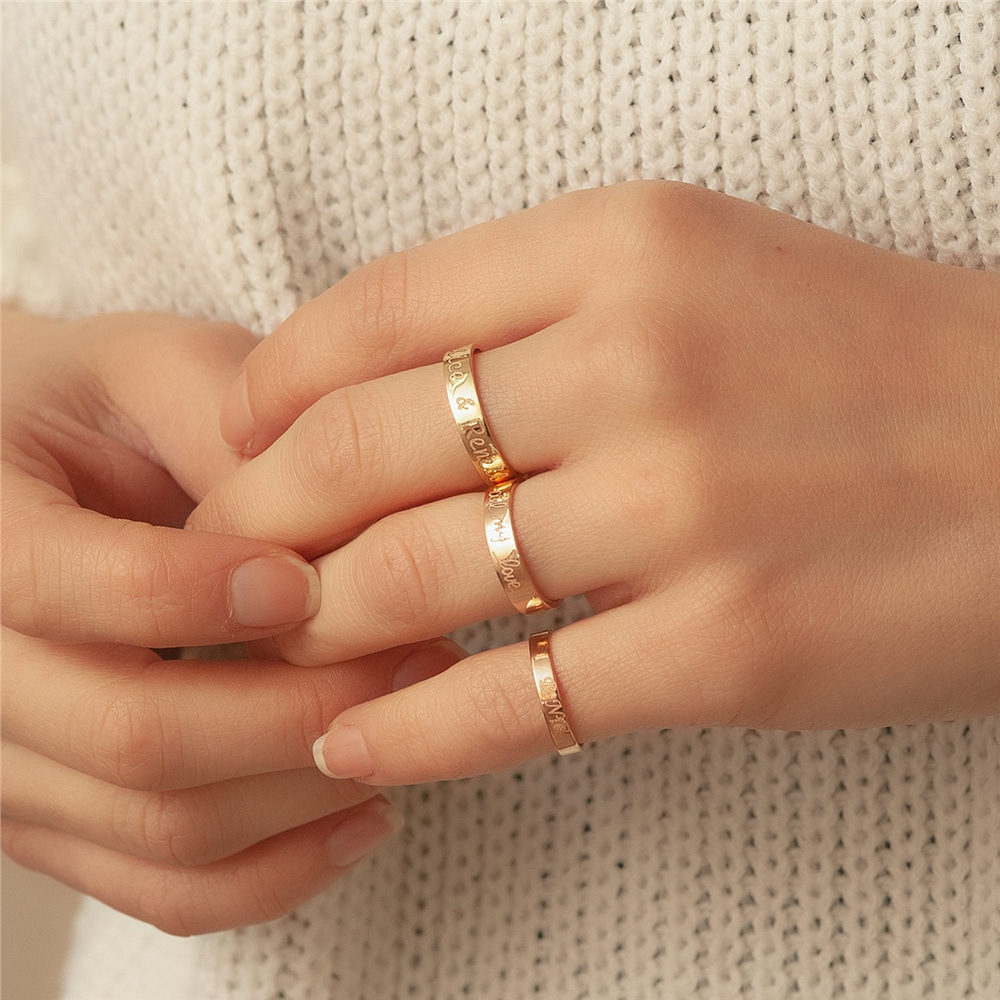 Goldstore-14K Solid Gold Engrave Name Band Ring, Personalized Actual Handwriting Ring Band, Custom Coordinate Ring or Roman Numeral Promise Band Gift