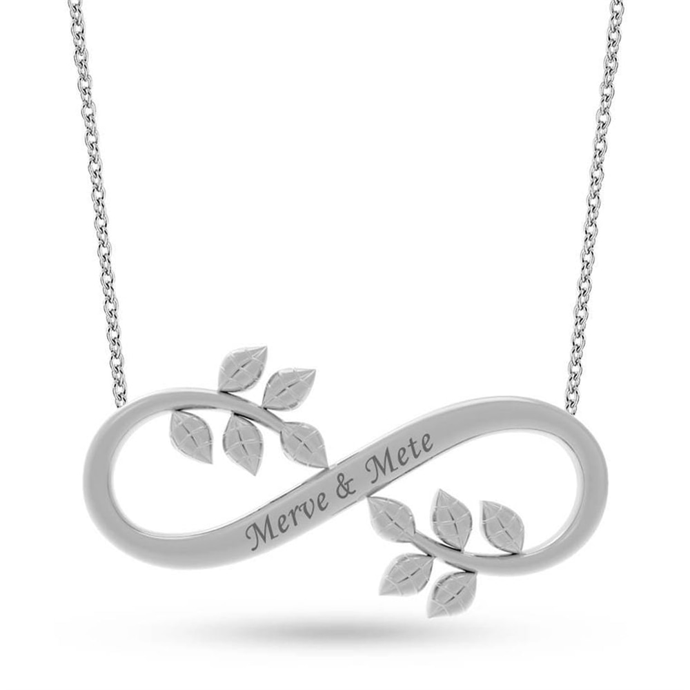 Goldstore-14k Solid Gold Engraved Name Infinity Necklace, Dainty Personalized name Engraved Infinity and Leaf Necklace is a Great Gift For Her.