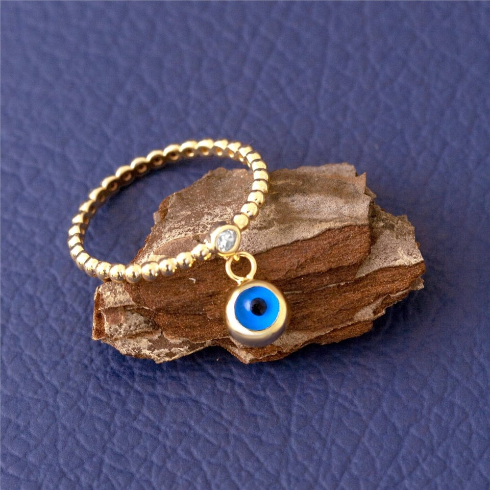 Goldstore-14K Solid Gold Evil Eye Diamond Ring, Yellow Gold Ball Bead Evil Eye Dangle Charm Ring, Glass Evil Eye Dainty Protective Ring Gift For Her