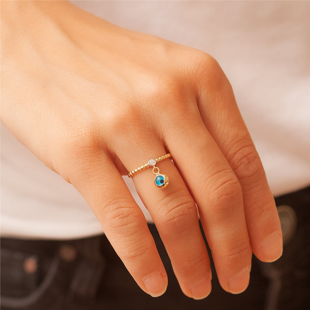 Goldstore-14K Solid Gold Evil Eye Diamond Ring, Yellow Gold Ball Bead Evil Eye Dangle Charm Ring, Glass Evil Eye Dainty Protective Ring Gift For Her