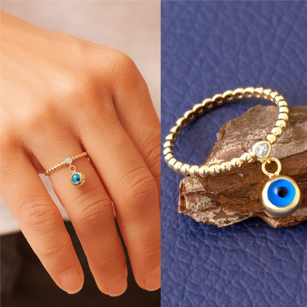 Goldstore-14K Solid Gold Evil Eye Diamond Ring, Yellow Gold Ball Bead Evil Eye Dangle Charm Ring, Glass Evil Eye Dainty Protective Ring Gift For Her