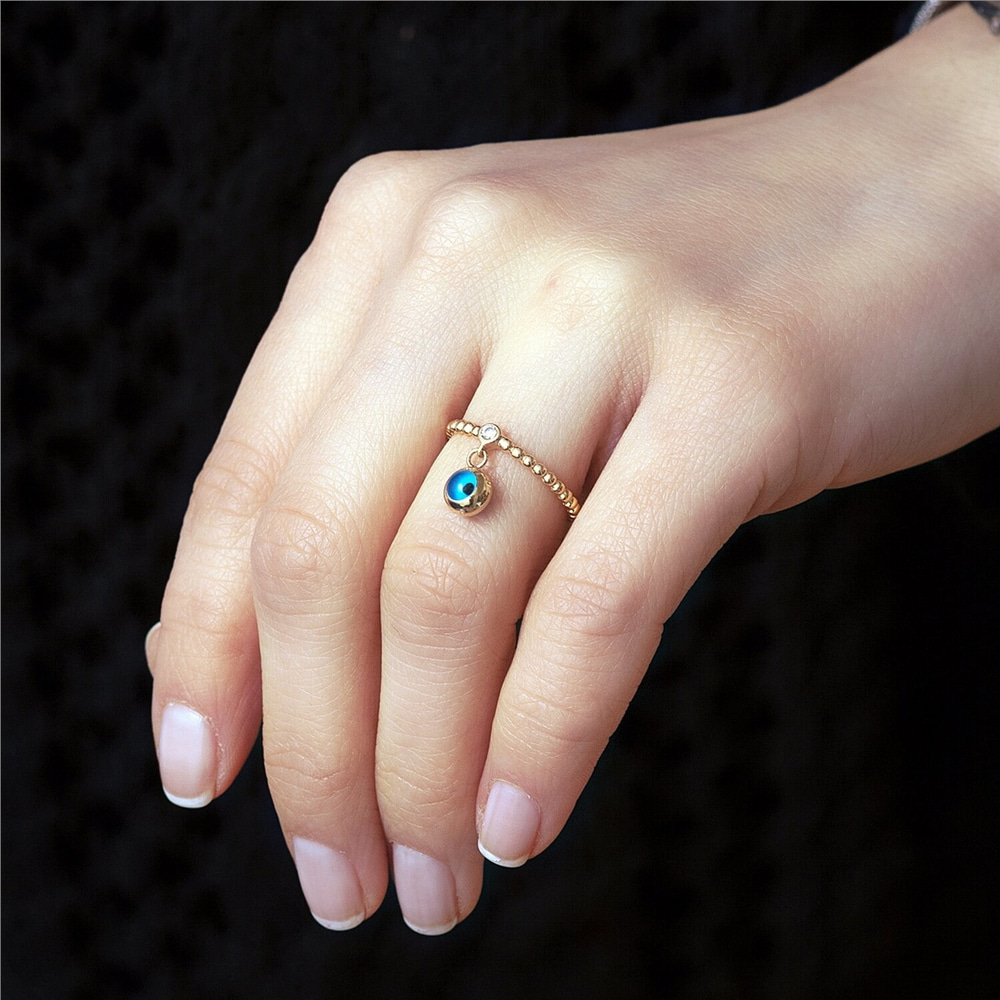 Goldstore-14K Solid Gold Evil Eye Diamond Ring, Yellow Gold Ball Bead Evil Eye Dangle Charm Ring, Glass Evil Eye Dainty Protective Ring Gift For Her