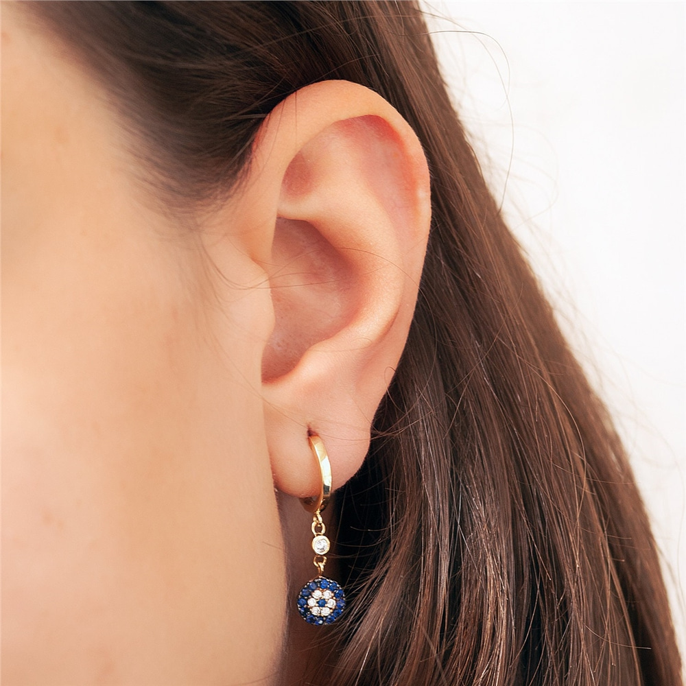 Goldstore-14K Solid Gold Evil Eye Hoop Earring, Dainty  Evil Eye Earring is a Great Gift For Her. Christmas Gift