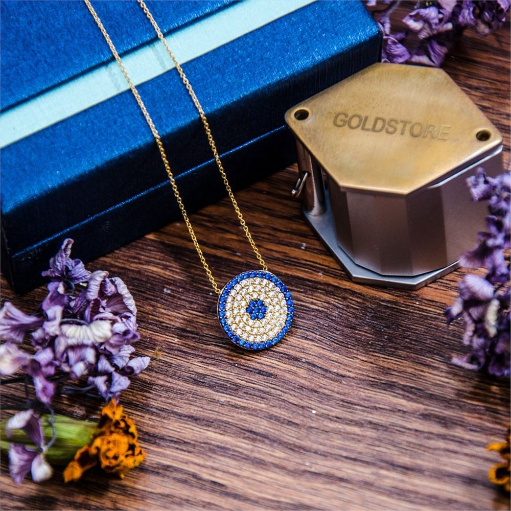 Goldstore-14k Solid Gold Evil Eye Necklace, Circular Shaped Yellow Gold Blue Evil Eye Protection Necklace.