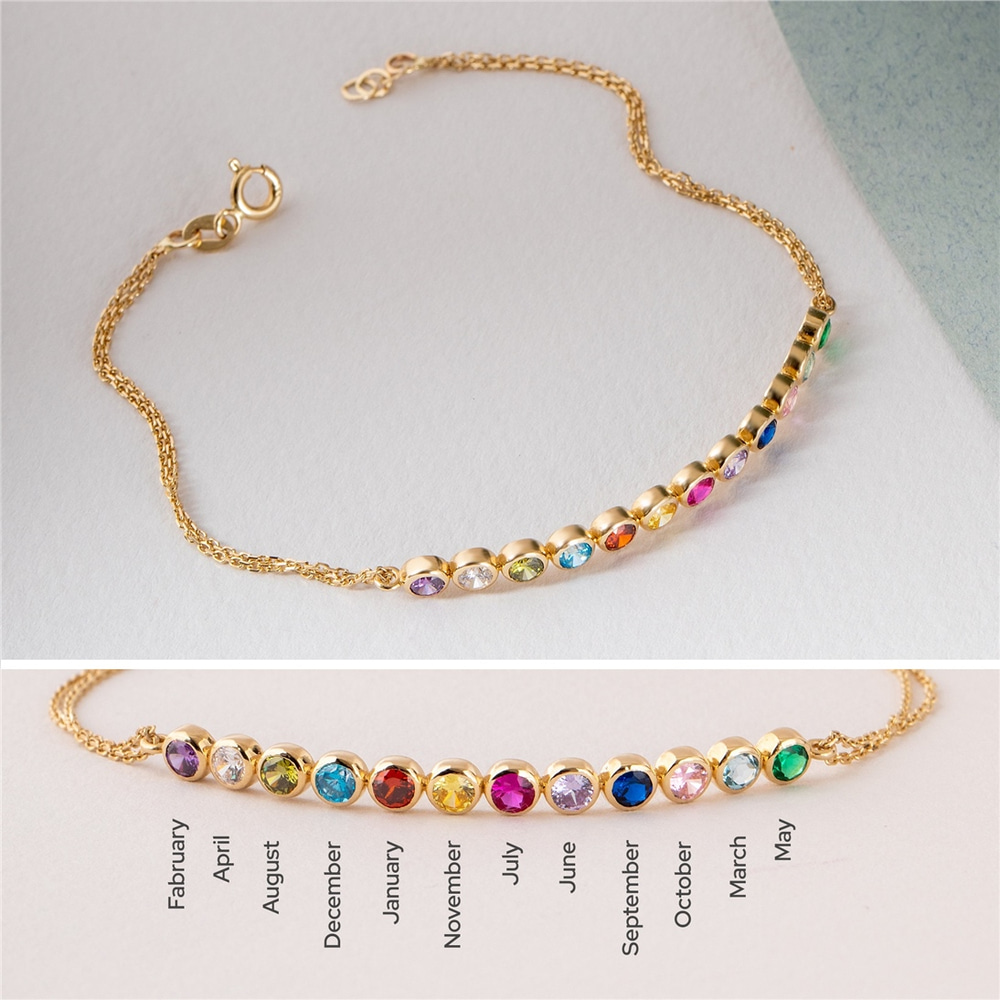 Goldstore-14K Solid Gold Family Birthstone Bracelet, Birthstone Gold Bracelet for Mom, Personalized Multi Birthstone Bracelet Mothers Day Gift For Her