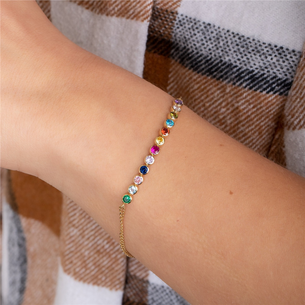 Goldstore-14K Solid Gold Family Birthstone Bracelet, Birthstone Gold Bracelet for Mom, Personalized Multi Birthstone Bracelet Mothers Day Gift For Her