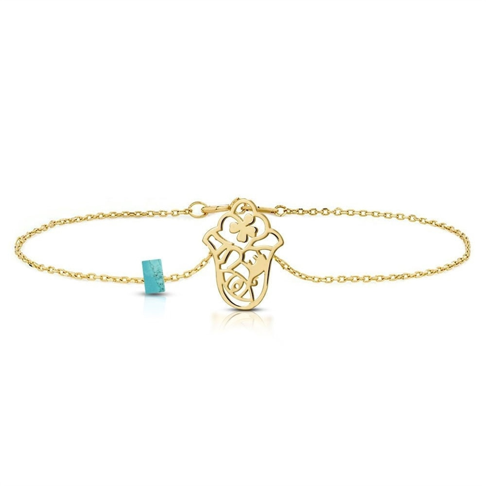 Goldstore-14K Solid Gold Hamsa Bracelet with Turquoise, Elegant Solid Gold Fatima Hand Protection Bracelet, Good Luck Bracelet is a Gift For Her.