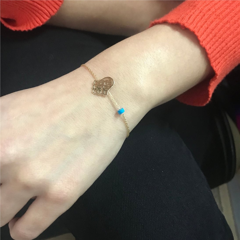 Goldstore-14K Solid Gold Hamsa Bracelet with Turquoise, Elegant Solid Gold Fatima Hand Protection Bracelet, Good Luck Bracelet is a Gift For Her.