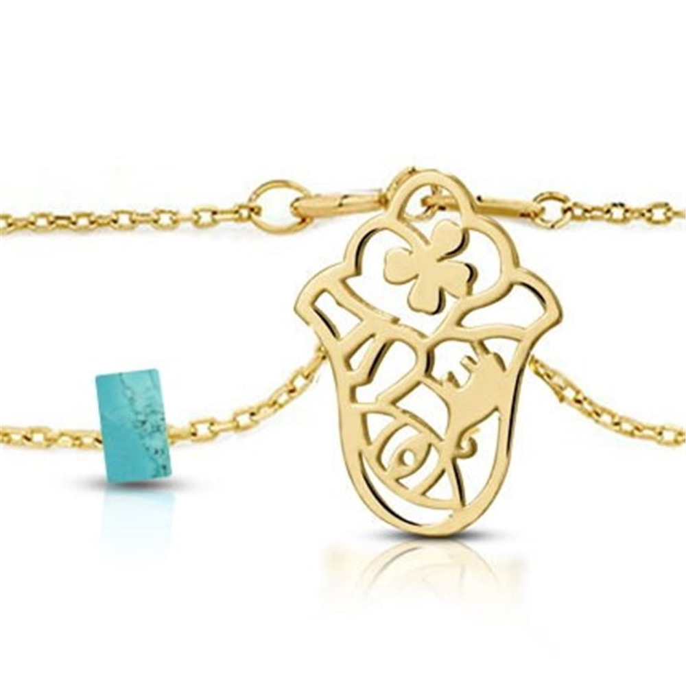Goldstore-14K Solid Gold Hamsa Bracelet with Turquoise, Elegant Solid Gold Fatima Hand Protection Bracelet, Good Luck Bracelet is a Gift For Her.