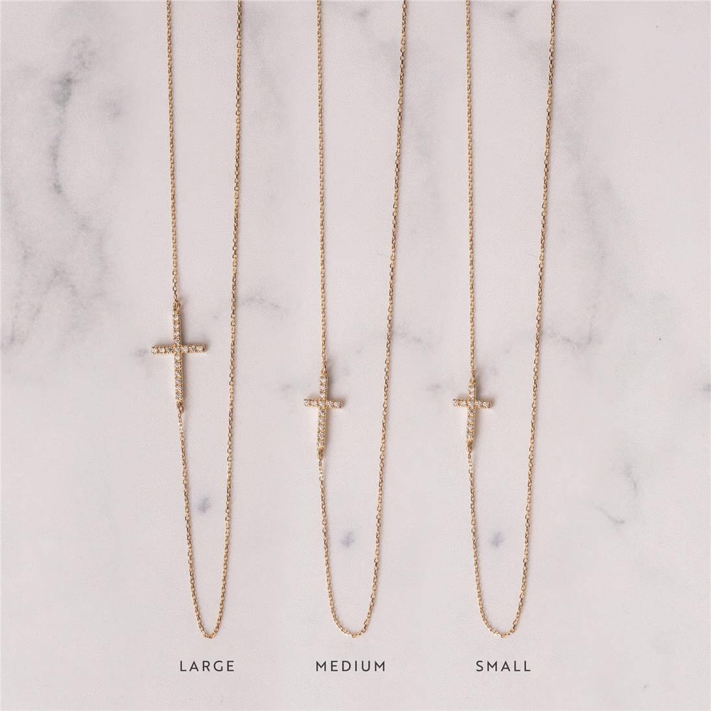 Goldstore-14K Solid Gold Handmade Sideways Cross Necklace, Diamond Cross Necklace Dainty Cz Cross Necklace Mothers day gift or Christmas Gift