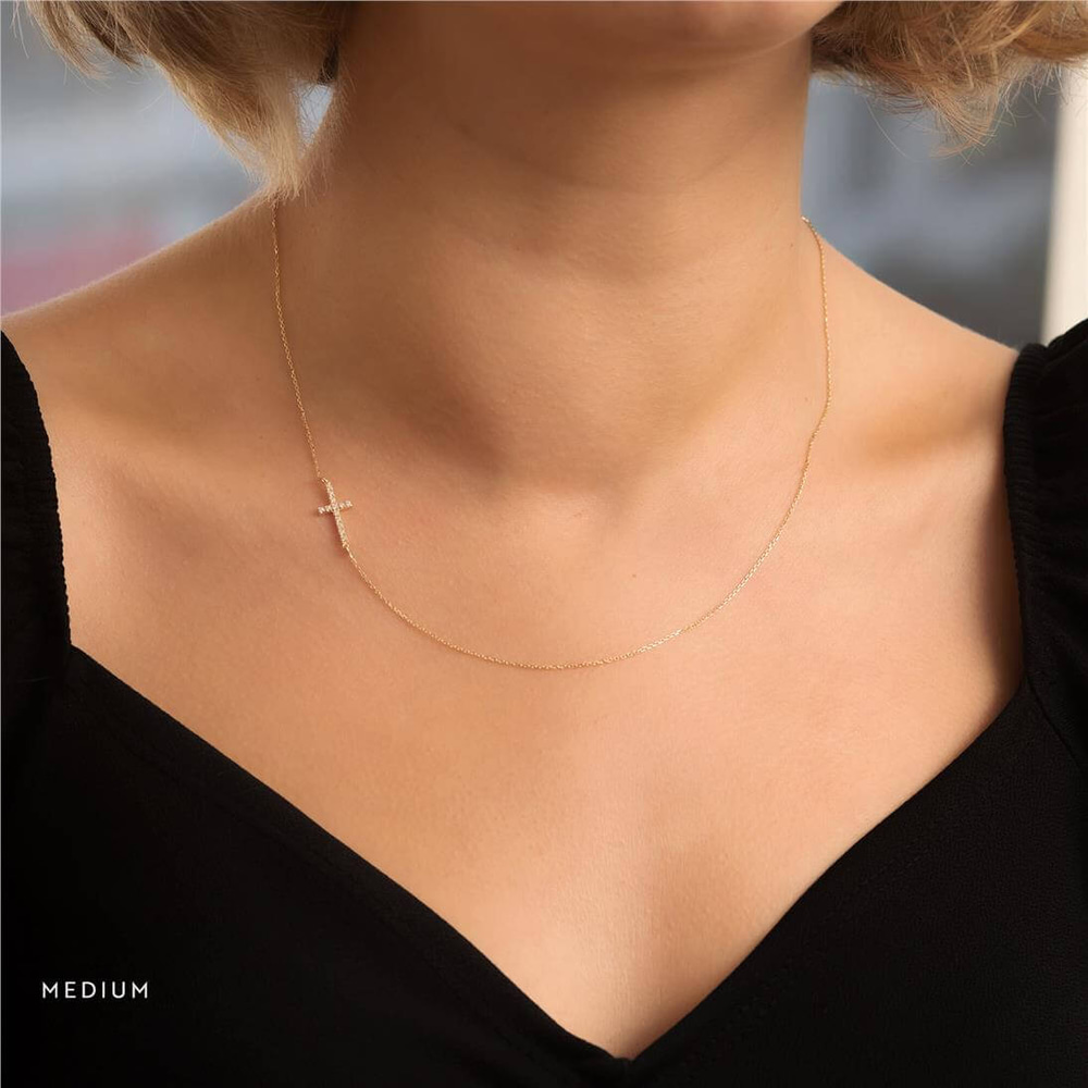 Goldstore-14K Solid Gold Handmade Sideways Cross Necklace, Diamond Cross Necklace Dainty Cz Cross Necklace Mothers day gift or Christmas Gift