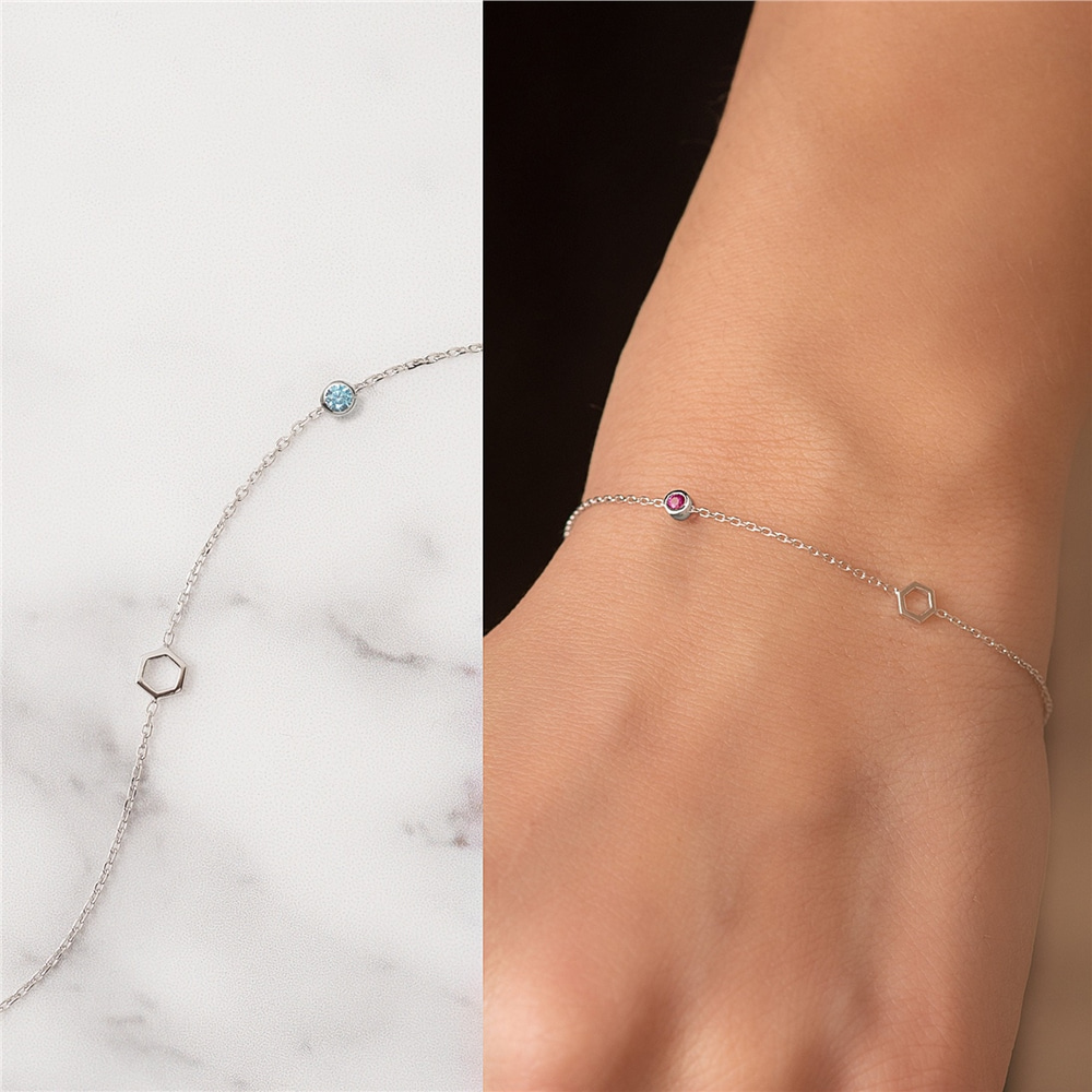 Goldstore-14k Solid Gold Hexagon and Birthstone Bracelet, Single Honeycomb and Cz Birthstone Dainty Bracelet is a Great Gift For Her. Bridesmaid Gift