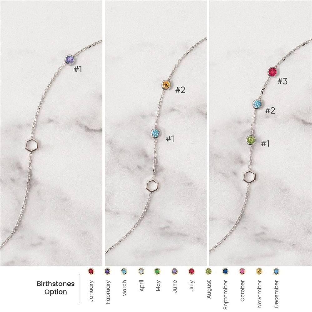 Goldstore-14k Solid Gold Hexagon and Birthstone Bracelet, Single Honeycomb and Cz Birthstone Dainty Bracelet is a Great Gift For Her. Bridesmaid Gift