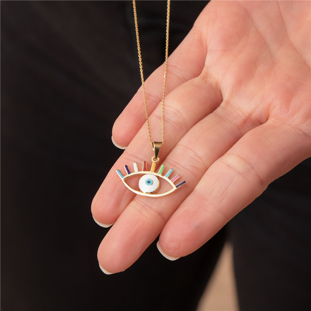 Goldstore-14K Solid Gold Horus Eye Necklace, Multi Color Spiritual Protection Jewelry, Egyptian Eye Pendant, Wadjet Eye Necklace, Ra Eye, Gift For Her