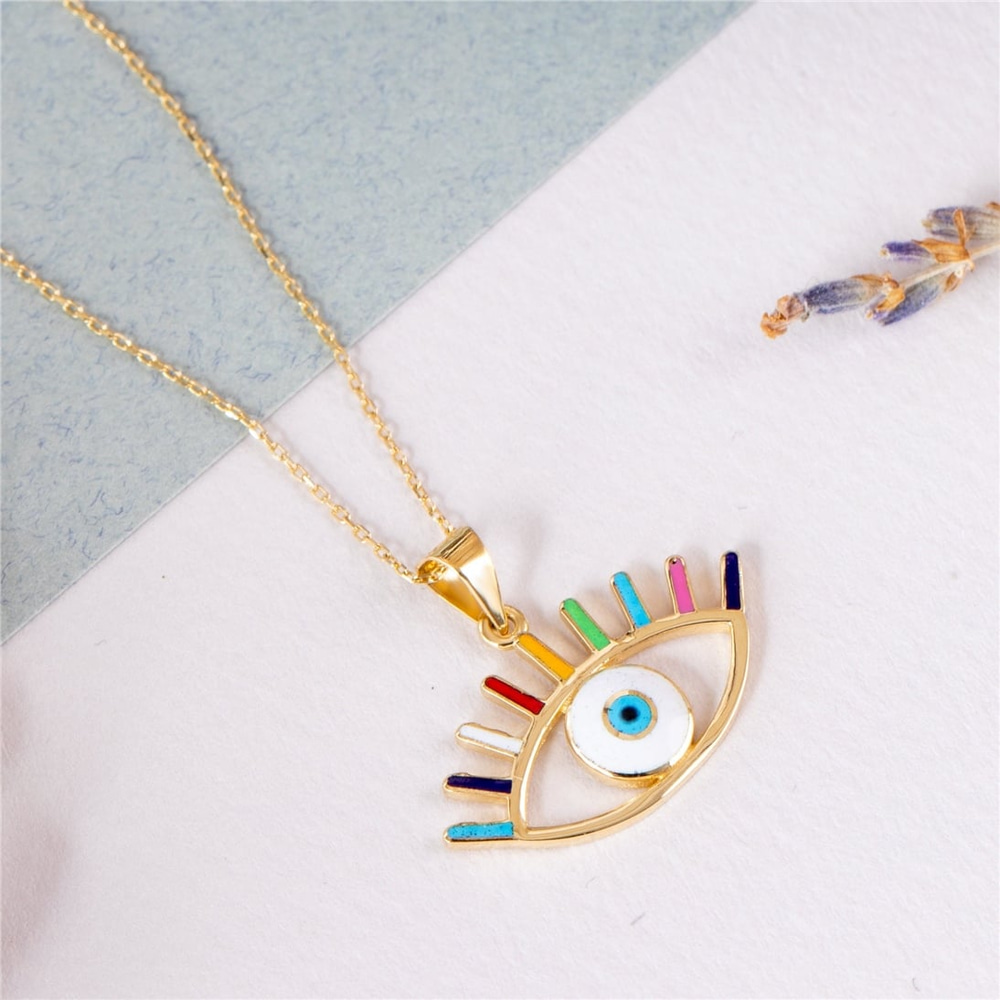 Goldstore-14K Solid Gold Horus Eye Necklace, Multi Color Spiritual Protection Jewelry, Egyptian Eye Pendant, Wadjet Eye Necklace, Ra Eye, Gift For Her