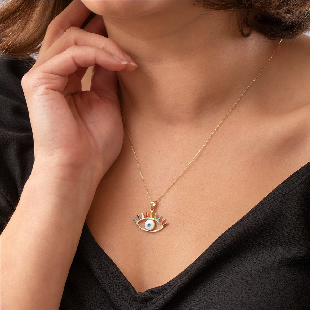 Goldstore-14K Solid Gold Horus Eye Necklace, Multi Color Spiritual Protection Jewelry, Egyptian Eye Pendant, Wadjet Eye Necklace, Ra Eye, Gift For Her